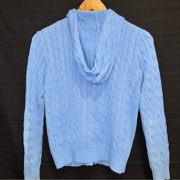 Ralph Lauren Sport Blue Cable Knit Hooded Full Zip Sweater Womens Small - Picture 10 of 11